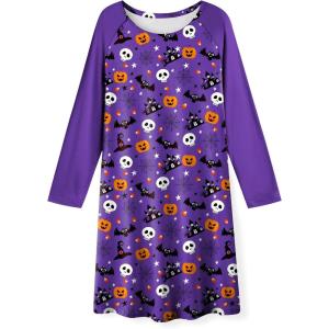Arshiner Girls Nightgowns Cute Halloween Pajamas Dress Long Sleeve Nightdress Nighties(Halloween Purple)