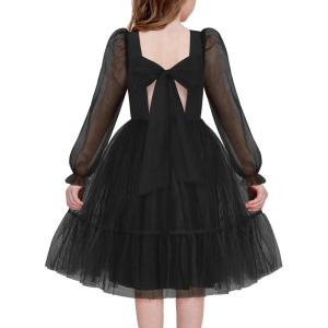 Arshiner Girls Tie Back Dress Puff Long Sleeve Formal Square Neck Party Tulle Dresses(Black)