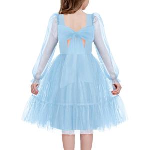 Arshiner Girls Tie Back Dress Puff Long Sleeve Formal Square Neck Party Tulle Dresses(Blue)