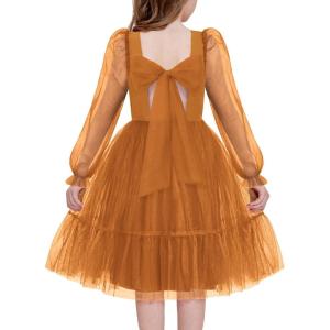 Arshiner Girls Tie Back Dress Puff Long Sleeve Formal Square Neck Party Tulle Dresses(Brown)