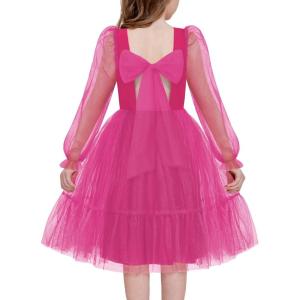 Arshiner Girls Tie Back Dress Puff Long Sleeve Formal Square Neck Party Tulle Dresses(Hot Pink)