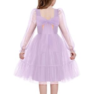 Arshiner Girls Tie Back Dress Puff Long Sleeve Formal Square Neck Party Tulle Dresses(Lilac)