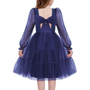 Arshiner Girls Tie Back Dress Puff Long Sleeve Formal Square Neck Party Tulle Dresses(Navy Blue)