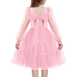 Arshiner Girls Tie Back Dress Puff Long Sleeve Formal Square Neck Party Tulle Dresses(Pink)