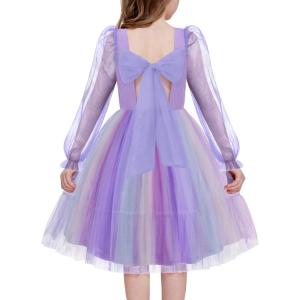 Arshiner Girls Tie Back Dress Puff Long Sleeve Formal Square Neck Party Tulle Dresses(Purple Rainbow)