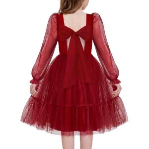 Arshiner Girls Tie Back Dress Puff Long Sleeve Formal Square Neck Party Tulle Dresses(Red)
