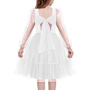 Arshiner Girls Tie Back Dress Puff Long Sleeve Formal Square Neck Party Tulle Dresses(White)