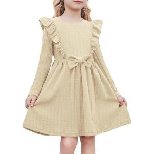 Arshiner Toddler Girl Dress Ruffle Ribbed Knit Long Sleeve A-Line Swing Fall Winter Bowknot Casual Dress with Pockets(Apricot)
