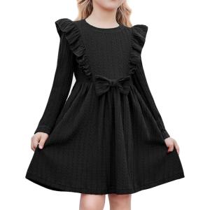 Arshiner Toddler Girl Dress Ruffle Ribbed Knit Long Sleeve A-Line Swing Fall Winter Bowknot Casual Dress with Pockets(Black)