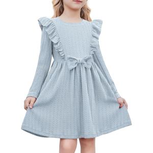 Arshiner Toddler Girl Dress Ruffle Ribbed Knit Long Sleeve A-Line Swing Fall Winter Bowknot Casual Dress with Pockets(Blue)