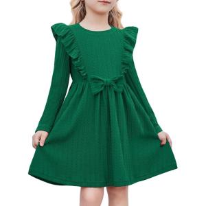 Arshiner Toddler Girl Dress Ruffle Ribbed Knit Long Sleeve A-Line Swing Fall Winter Bowknot Casual Dress with Pockets(Dark Green)