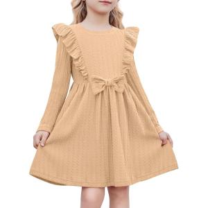 Arshiner Toddler Girl Dress Ruffle Ribbed Knit Long Sleeve A-Line Swing Fall Winter Bowknot Casual Dress with Pockets(Light Brown)