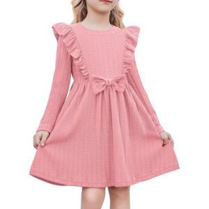Arshiner Toddler Girl Dress Ruffle Ribbed Knit Long Sleeve A-Line Swing Fall Winter Bowknot Casual Dress with Pockets(Pink)