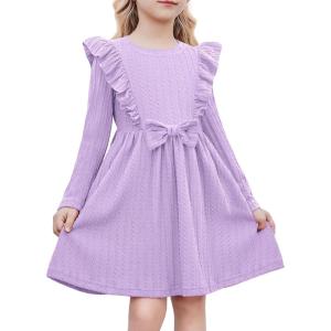 Arshiner Toddler Girl Dress Ruffle Ribbed Knit Long Sleeve A-Line Swing Fall Winter Bowknot Casual Dress with Pockets(Purple)