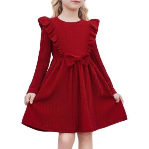 Arshiner Toddler Girl Dress Ruffle Ribbed Knit Long Sleeve A-Line Swing Fall Winter Bowknot Casual Dress with Pockets(Red)