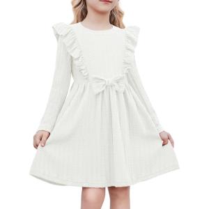 Arshiner Toddler Girl Dress Ruffle Ribbed Knit Long Sleeve A-Line Swing Fall Winter Bowknot Casual Dress with Pockets(White)