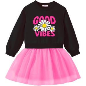 Arshiner Toddler Long Sleeve Dress Patchwork Tulle Tutu Girls Birthday Party Dresses Fall Clothes Size 2-6(Black – Deep Pink Tulle)