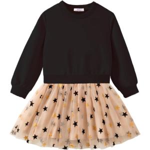 Arshiner Toddler Long Sleeve Dress Patchwork Tulle Tutu Girls Birthday Party Dresses Fall Clothes Size 2-6(Black – Star Tulle)
