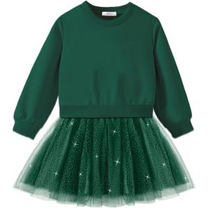 Arshiner Toddler Long Sleeve Dress Patchwork Tulle Tutu Girls Birthday Party Dresses Fall Clothes Size 2-6(Dark Green – Glitter Tulle)