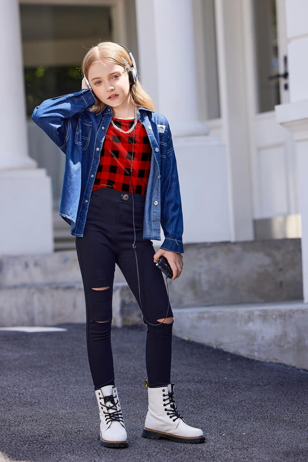 image:imageArshiner Girls Long Sleeve T Shirts Round Neck Curve Hem Side Slit Basic Casual Loose Tunic Soft TopsRed Black Plaid