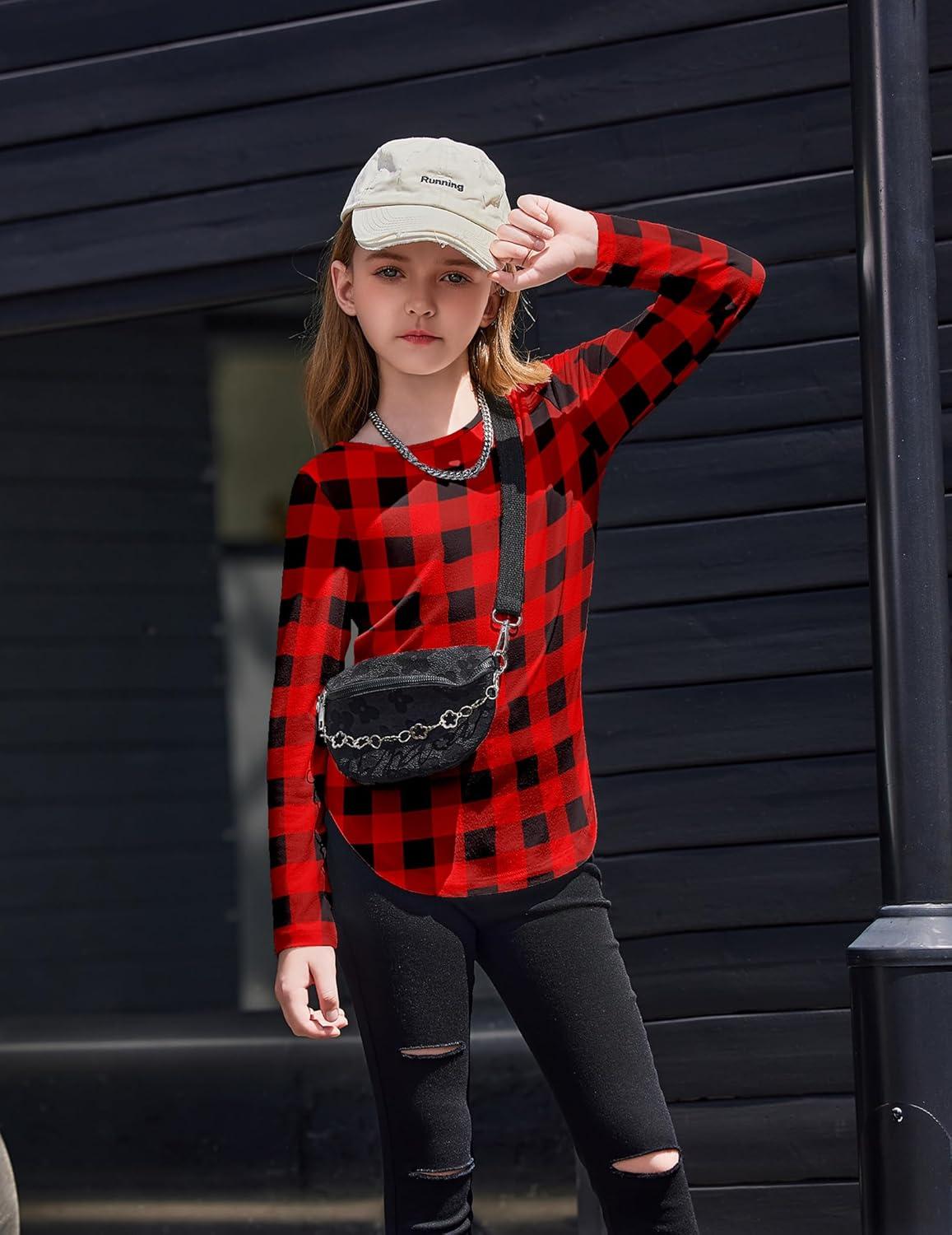 image:imageArshiner Girls Long Sleeve T Shirts Round Neck Curve Hem Side Slit Basic Casual Loose Tunic Soft TopsRed Black Plaid