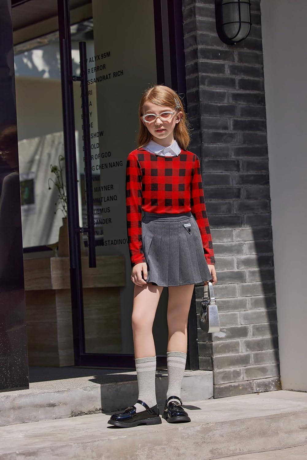 image:imageArshiner Girls Long Sleeve T Shirts Round Neck Curve Hem Side Slit Basic Casual Loose Tunic Soft TopsRed Black Plaid