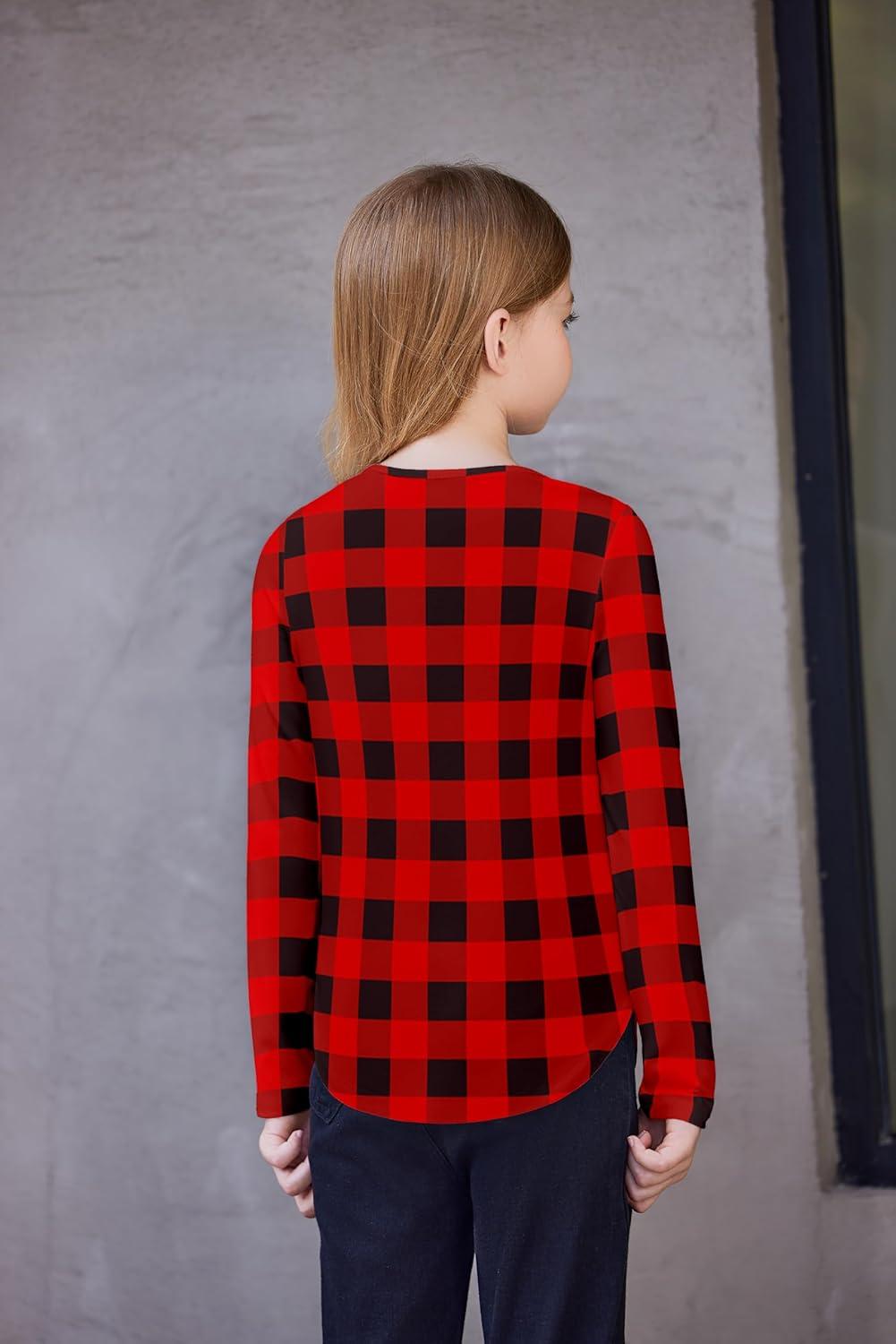 image:imageArshiner Girls Long Sleeve T Shirts Round Neck Curve Hem Side Slit Basic Casual Loose Tunic Soft TopsRed Black Plaid