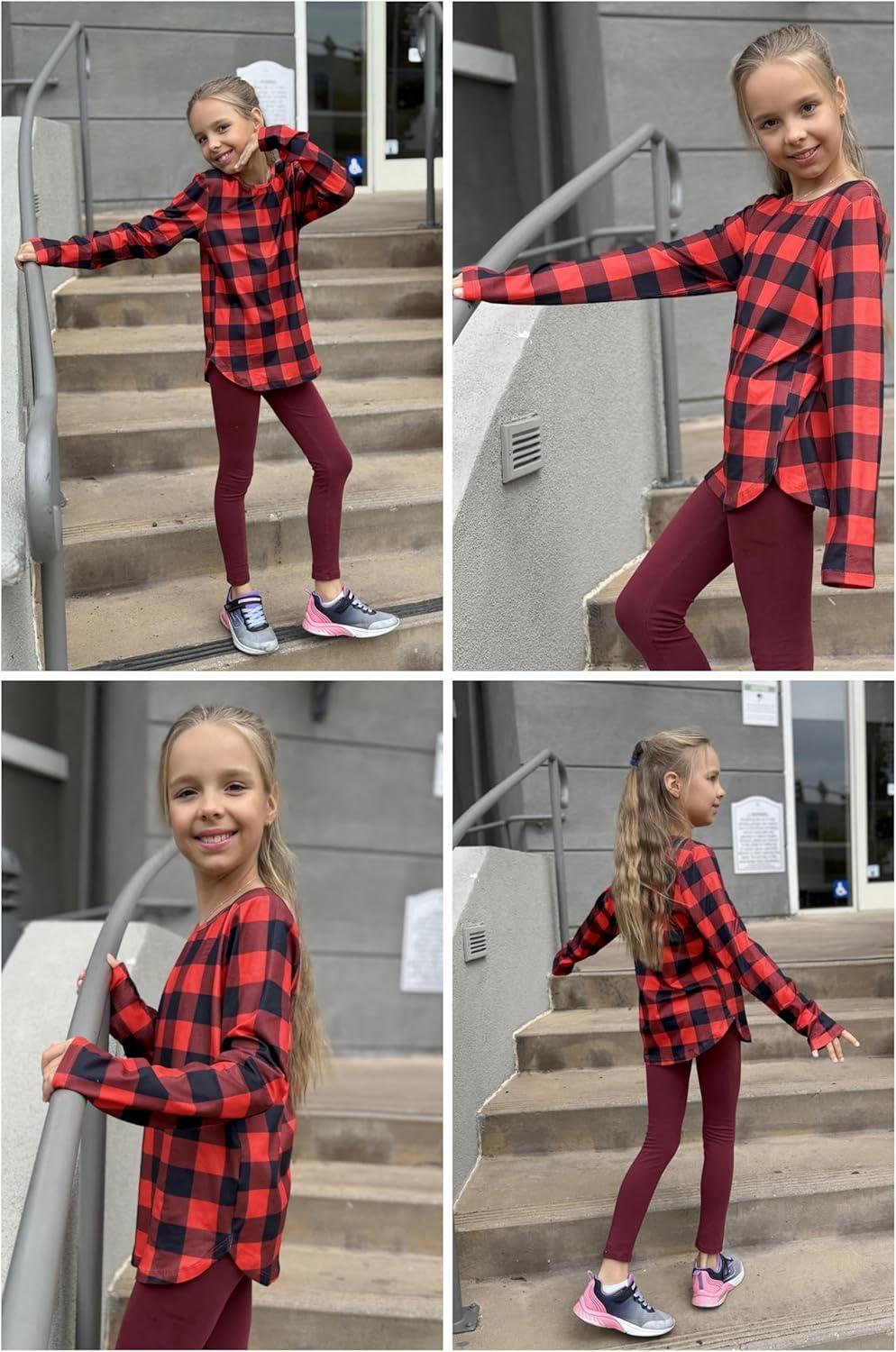 image:imageArshiner Girls Long Sleeve T Shirts Round Neck Curve Hem Side Slit Basic Casual Loose Tunic Soft TopsRed Black Plaid