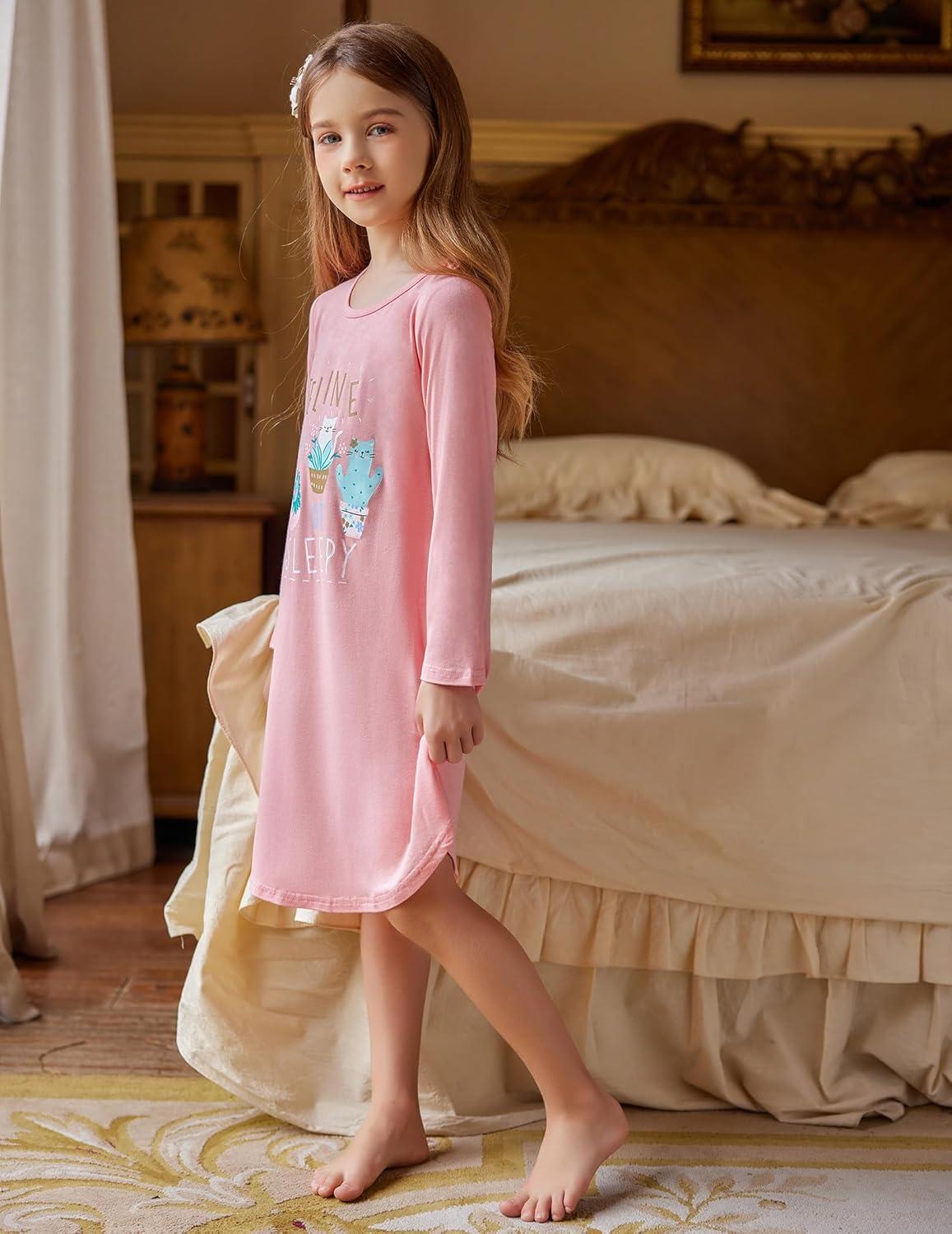 image:imageArshiner Girls Nightgowns Long Sleeve Print Pajamas Nightdress for Kids Soft Sleep Wear NightiesWatermelon RedPotted Cat