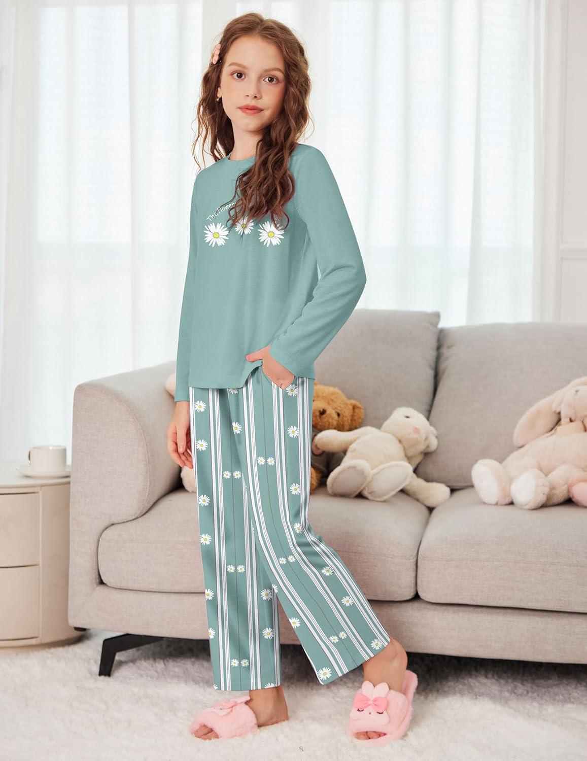 image:imageArshiner Pajamas Set for Girls Long Sleeve amp Pants Pjs Soft Cute Print Lounge SetsDaisy Green