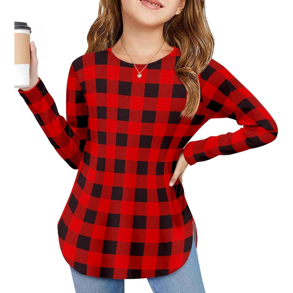 image:imageArshiner Girls Long Sleeve T Shirts Round Neck Curve Hem Side Slit Basic Casual Loose Tunic Soft TopsRed Black Plaid