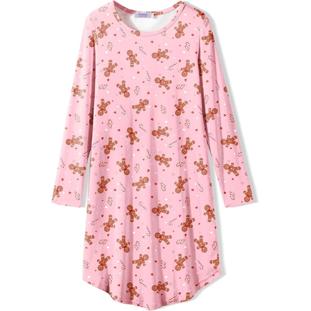 image:imageArshiner Girls Nightgowns Long Sleeve Print Pajamas Nightdress for Kids Soft Sleep Wear NightiesPink Christmas
