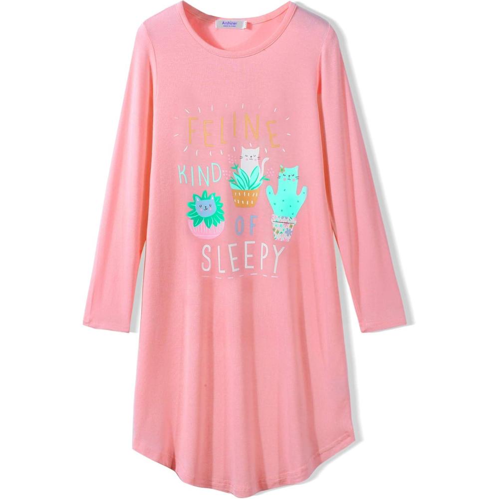 image:imageArshiner Girls Nightgowns Long Sleeve Print Pajamas Nightdress for Kids Soft Sleep Wear NightiesWatermelon RedPotted Cat