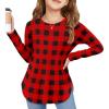 Arshiner Girls Long Sleeve T Shirts Round Neck Curve Hem Side Slit Basic Casual Loose Tunic Soft Tops(Red Black Plaid)
