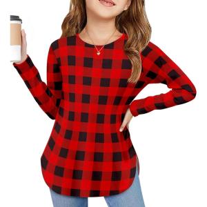 Arshiner Girls Long Sleeve T Shirts Round Neck Curve Hem Side Slit Basic Casual Loose Tunic Soft Tops(Red Black Plaid)