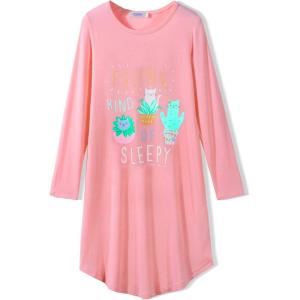 Arshiner Girls Nightgowns Long Sleeve Print Pajamas Nightdress for Kids Soft Sleep Wear Nighties(Watermelon Red/Potted Cat)