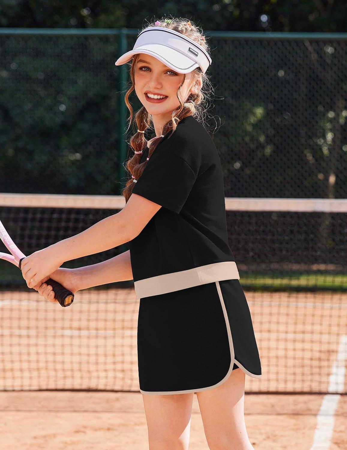 image:imageArshiner Girls 2 Piece Outfits Summer Clothes Short Sleeve Drop Shoulder Shirt and Skirt with Builtin Shorts Athletic SetsBlack