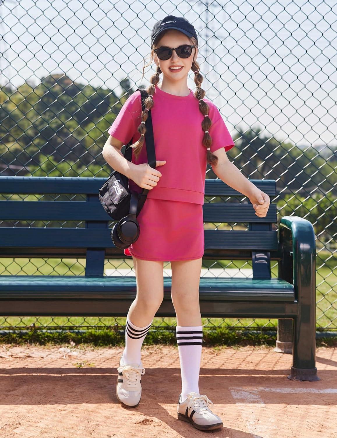 image:imageArshiner Girls 2 Piece Outfits Summer Clothes Short Sleeve Drop Shoulder Shirt and Skirt with Builtin Shorts Athletic SetsRose Pink