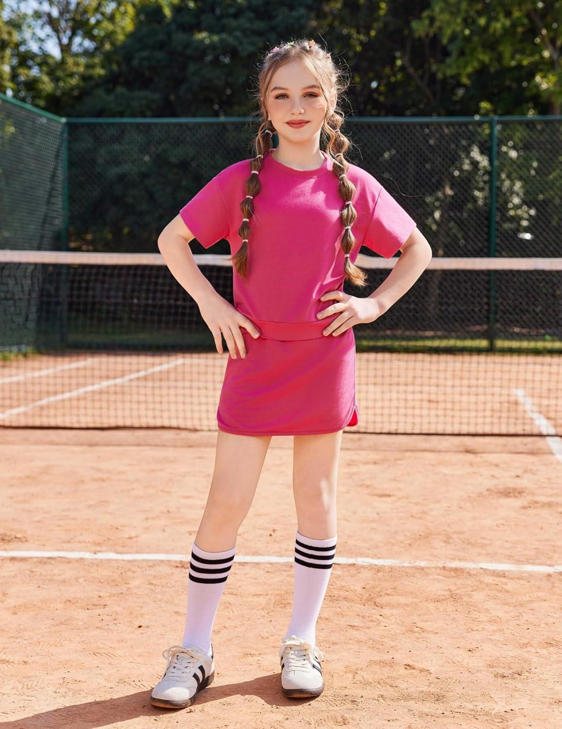image:imageArshiner Girls 2 Piece Outfits Summer Clothes Short Sleeve Drop Shoulder Shirt and Skirt with Builtin Shorts Athletic SetsRose Pink