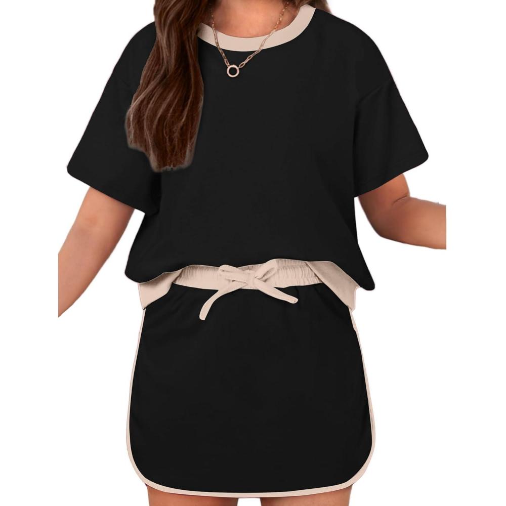 image:imageArshiner Girls 2 Piece Outfits Summer Clothes Short Sleeve Drop Shoulder Shirt and Skirt with Builtin Shorts Athletic SetsBlack