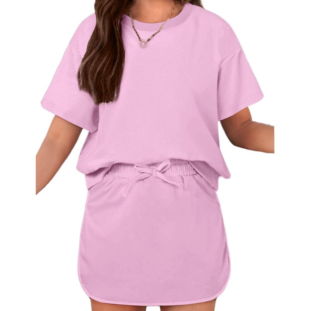 image:imageArshiner Girls 2 Piece Outfits Summer Clothes Short Sleeve Drop Shoulder Shirt and Skirt with Builtin Shorts Athletic SetsPink