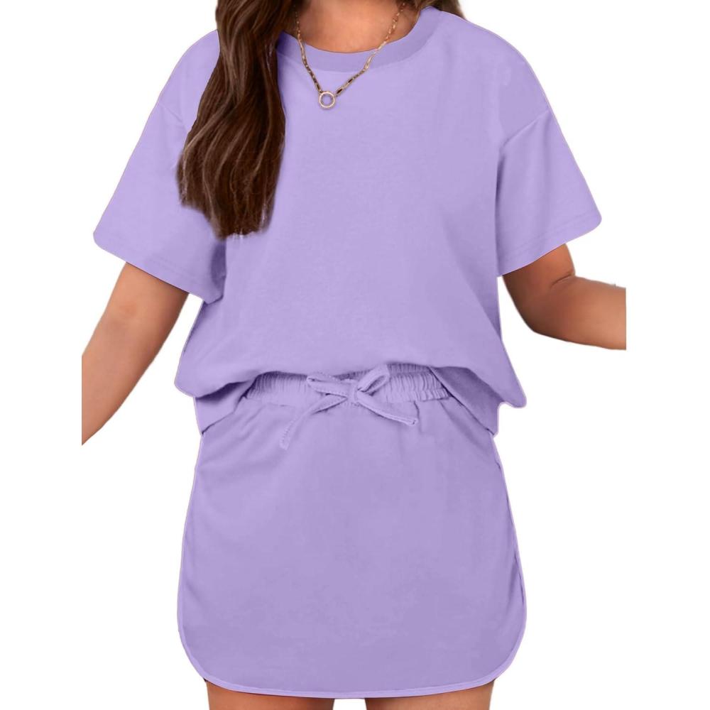 image:imageArshiner Girls 2 Piece Outfits Summer Clothes Short Sleeve Drop Shoulder Shirt and Skirt with Builtin Shorts Athletic SetsPurple