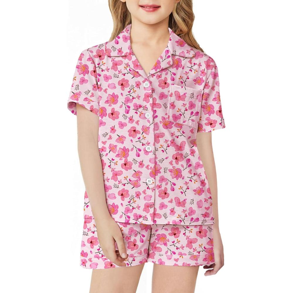 image:imageArshiner Girls Pajamas Sets Short Sleeve Kids Pjs Button Down Sleepwear for 413YPink Flower