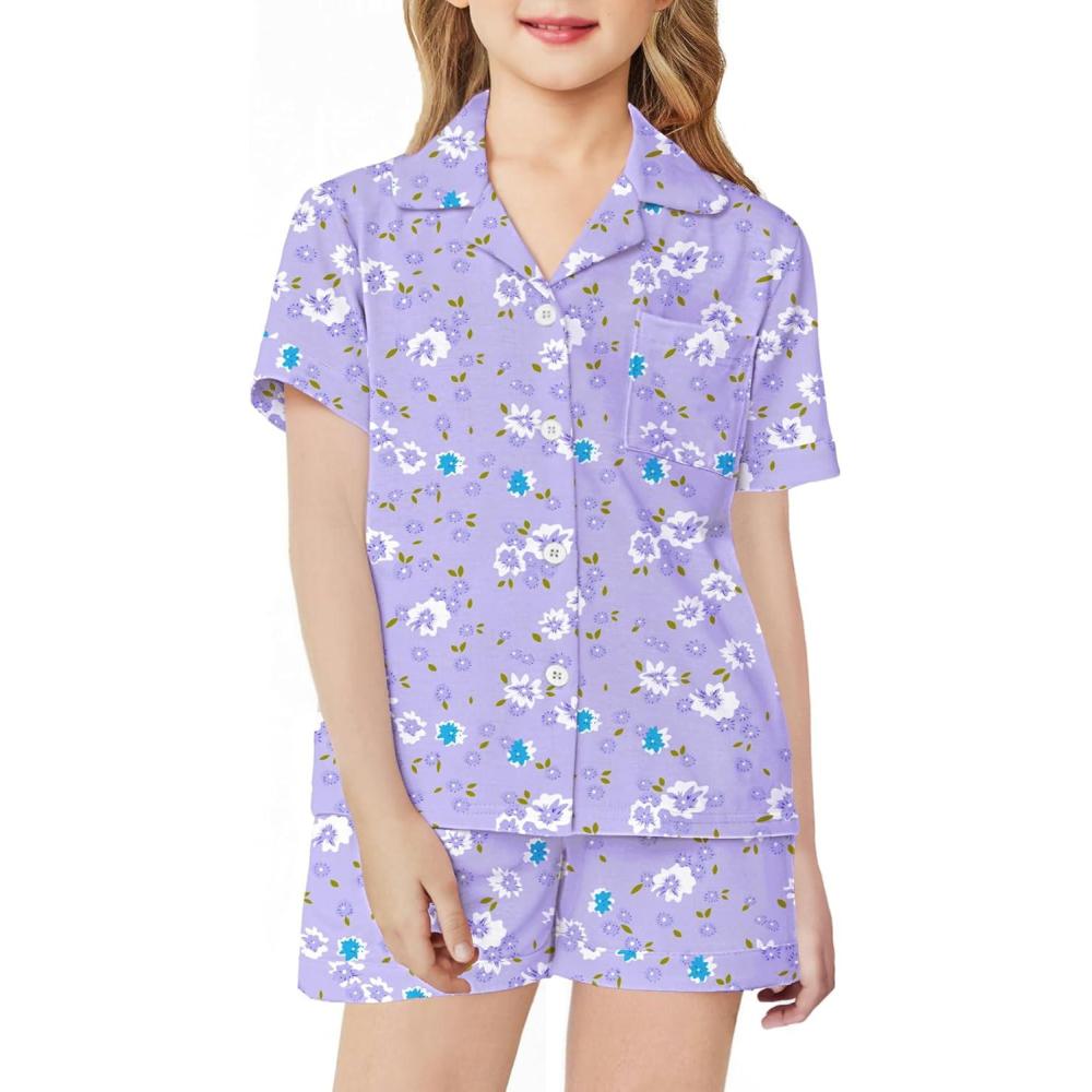 image:imageArshiner Girls Pajamas Sets Short Sleeve Kids Pjs Button Down Sleepwear for 413YPurple Flower