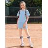 Arshiner Girls 2 Piece Outfits Summer Clothes Short Sleeve Drop Shoulder Shirt and Skirt with Built-in Shorts Athletic Sets(Light Blue)