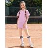 Arshiner Girls 2 Piece Outfits Summer Clothes Short Sleeve Drop Shoulder Shirt and Skirt with Built-in Shorts Athletic Sets(Pink)