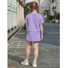 Arshiner Girls 2 Piece Outfits Summer Clothes Short Sleeve Drop Shoulder Shirt and Skirt with Built-in Shorts Athletic Sets(Purple)