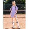 Arshiner Girls 2 Piece Outfits Summer Clothes Short Sleeve Drop Shoulder Shirt and Skirt with Built-in Shorts Athletic Sets(Purple)