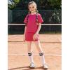 Arshiner Girls 2 Piece Outfits Summer Clothes Short Sleeve Drop Shoulder Shirt and Skirt with Built-in Shorts Athletic Sets(Rose Pink)