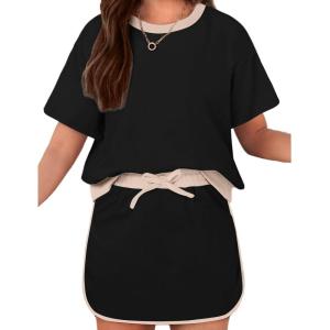 Arshiner Girls 2 Piece Outfits Summer Clothes Short Sleeve Drop Shoulder Shirt and Skirt with Built-in Shorts Athletic Sets(Black)